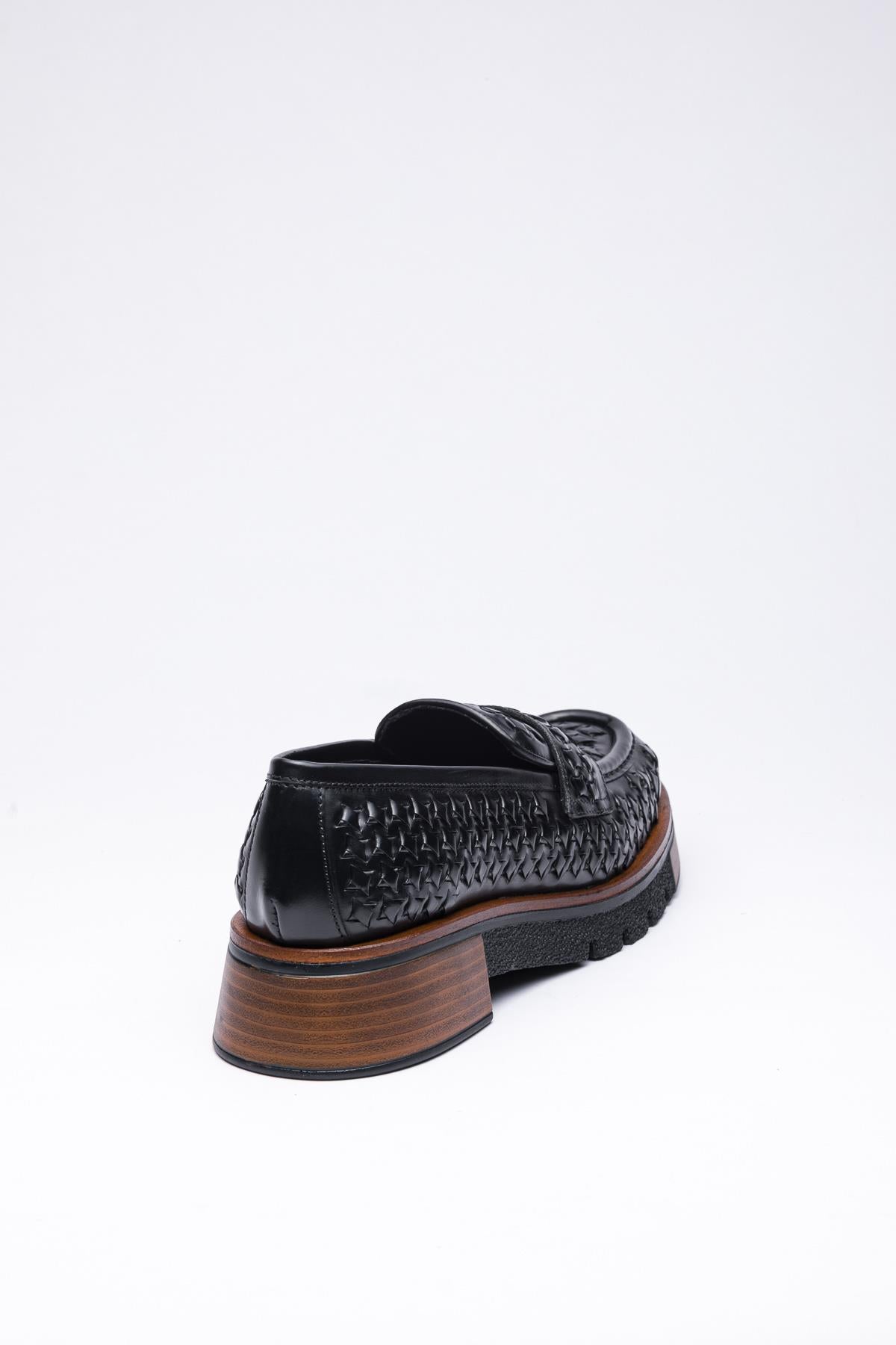 Siyah Örgü Deri Loafer