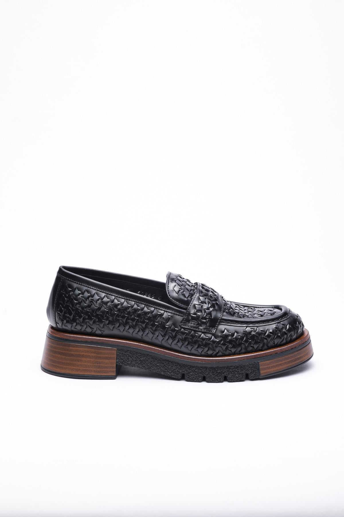 Siyah Örgü Deri Loafer